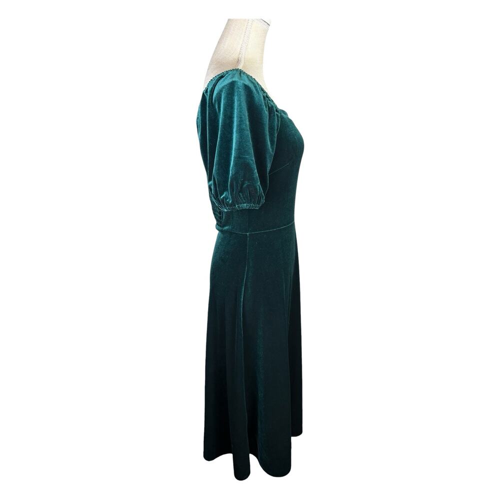 LOFT Velvet Puff Sleeve Square Neckline Midi Dress Women's 4 Emerald Green - Picture 4 of 9